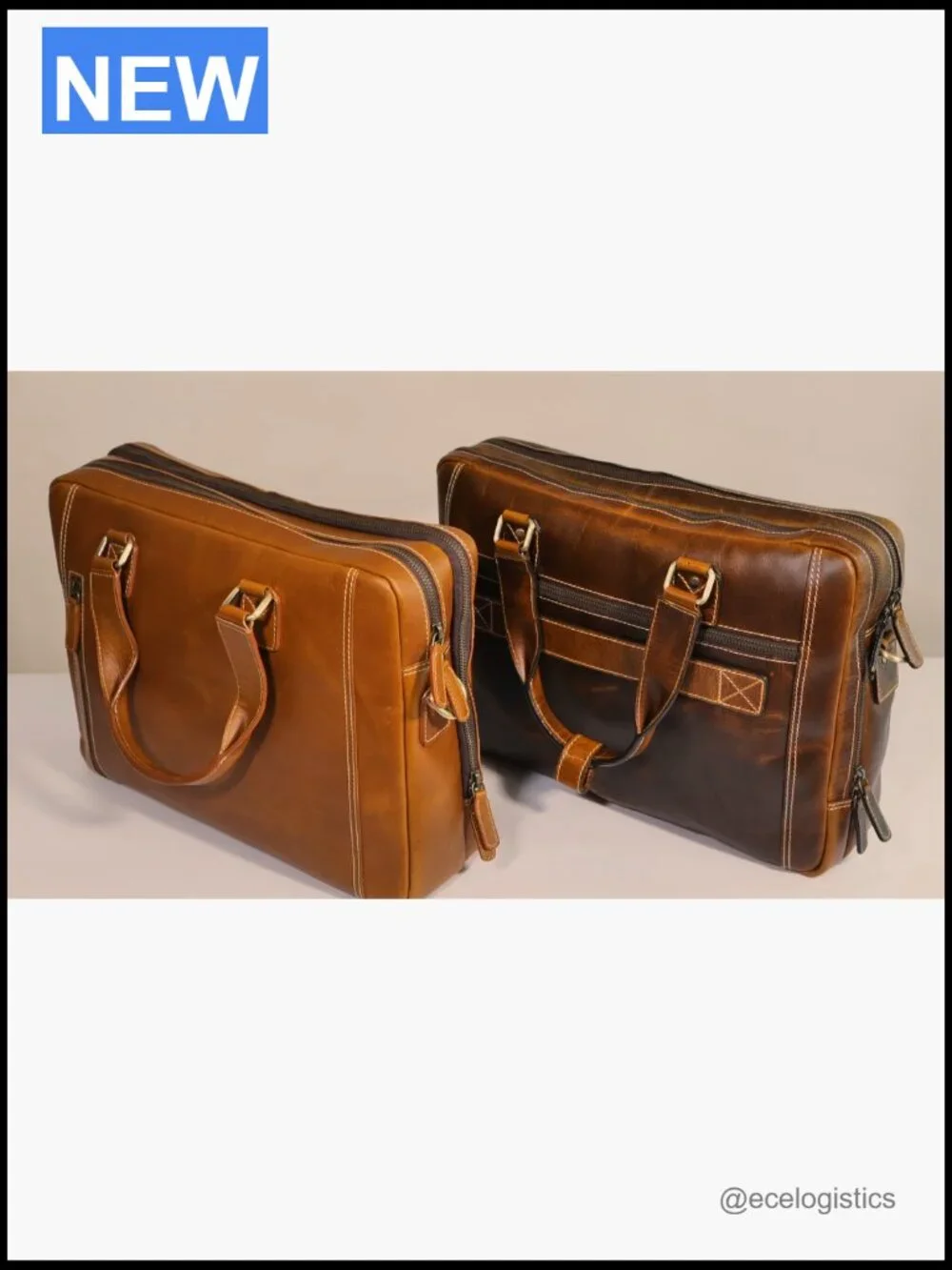 Full Grain Leather Messenger Bag - Twin Compartment Laptop Briefcase Satchel